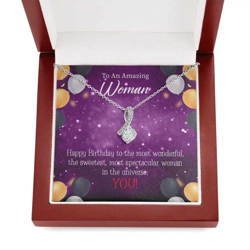 Mom Gift You Mean the World to Me Eternity Ribbon Stone Necklace Luxury Box